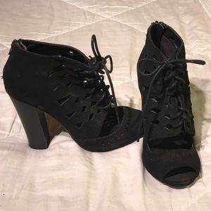 Black Suede Open Toe Lace Up Pumps